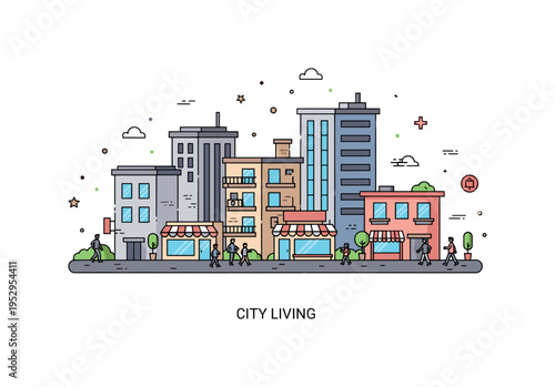 Urban neighborhood illustration centered on apartment buildings with small shops at street level and tiny people walking nearby, expressing vibrancy and city