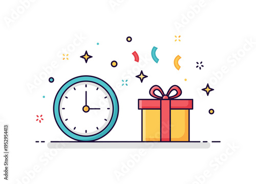 Holiday countdown to midnight showing a simple clock icon paired with festive confetti and a wrapped gift box, symbolizing excitement and celebration. The