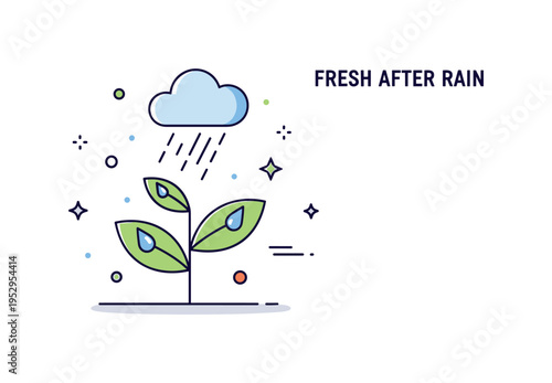 Fresh after rain atmosphere illustrated through a small plant with droplets resting on its leaves and a subtle cloud above, symbolizing renewal and growth