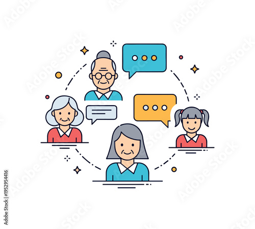 Intergenerational dialogue concept centered on speech bubbles connecting elderly, adult, and young figure icons, symbolizing communication and knowledge
