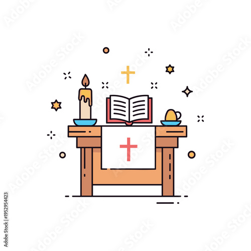 Religious ritual observance theme illustrated by a small altar table with candle and open book icon, symbolizing devotion and spiritual practice. Balanced