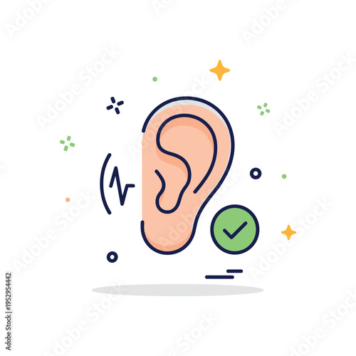 Hearing accessibility icon featuring a simplified ear symbol with small sound wave lines and a subtle checkmark accent, representing assistive listening