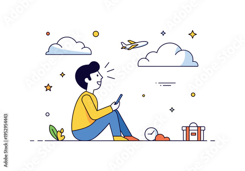 First flight experience illustrated by a wide eyed seated figure looking out at clouds with subtle sparkle accents, symbolizing excitement and new adventure.