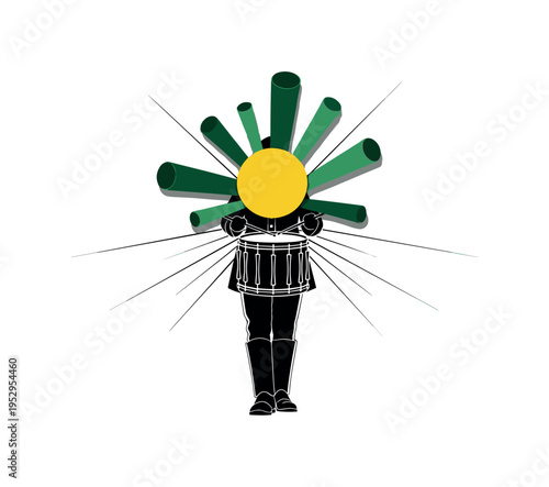 Black and white drummer?s snare drum with invisible figure implied marching in place, vivid yellow circle and dark green cylindrical shapes radiating rhythm,