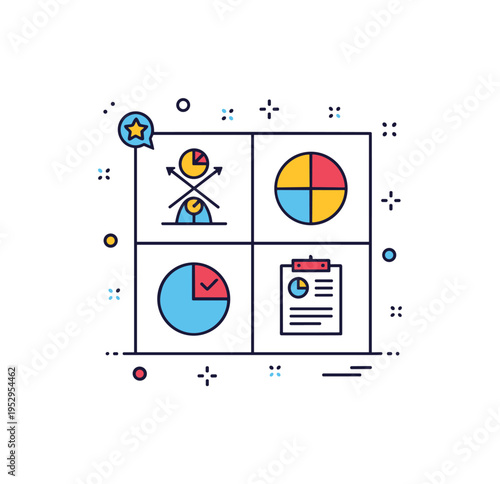 Balanced scorecard personal metrics theme featuring four small quadrant icons arranged in a neat grid, symbolizing holistic performance measurement across