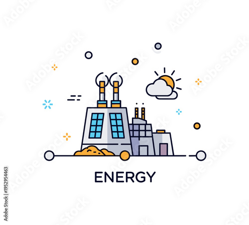 Sustainable base load power concept built around a geothermal station icon with a stable horizontal energy line beneath, emphasizing consistent electricity