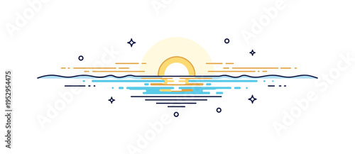 Seaside shimmer horizon line with soft wave curves and light reflection streaks across the center. A peaceful concept badge about golden hour glow over open