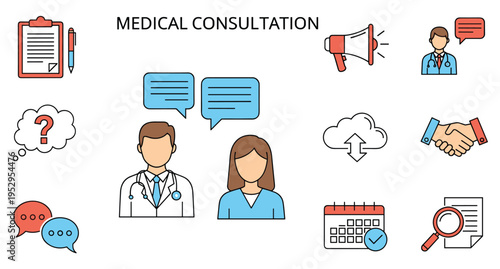 Medical consultation icons for healthcare service and doctor appointment setMedical consultation icons for healthcare service and doctor appointment set