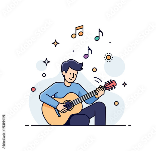 Guitar player experimenting with colorful chords and musical notes floating above, conveying creativity, inspiration, and playful exploration of sound.