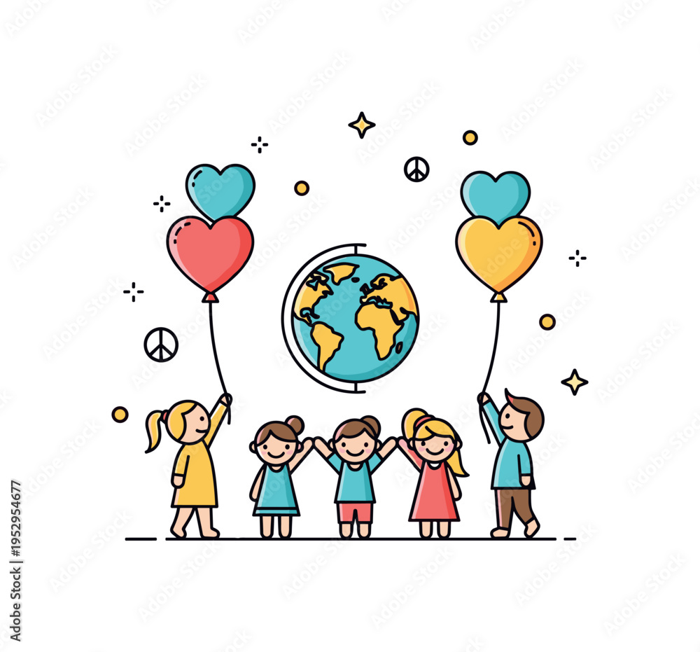 Fototapeta premium Children of the world peace theme shown through small figures holding balloons shaped like hearts around a tiny globe, expressing hope and future harmony.