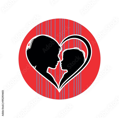 Black and white abstract heart shape expanding outward, large burnt orange circular core behind it, cobalt blue rectangular shapes radiating symmetrically,