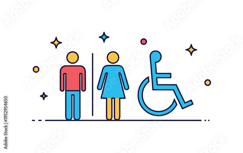 Accessible restroom sign built around simplified male and female figures alongside a wheelchair icon, expressing inclusive facilities in public environments.