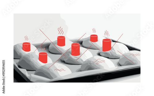 Close-up black and white baking tray with rising dough portions, overlaid with red cylindrical shapes and thin diagonal lines symbolizing warmth and motion,