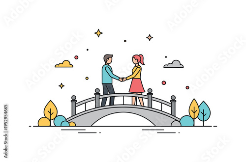 Couple holding hands across a bridge symbolically, representing the journey of reconciliation, understanding, and overcoming past hurt. Minimalist flat vector