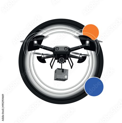 A black and white realistic delivery drone viewed from below, propellers simplified into bold geometric semicircles suggesting motion, small package suspended