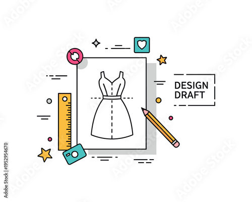 Fashion sketch planning concept centered on a simple dress outline on paper with pencil and ruler elements nearby, expressing preparation and design vision. A