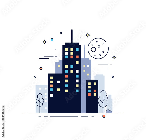 City lights at night illustrated by a tall building silhouette with glowing window squares and a soft moon backdrop, capturing the calm yet vibrant pulse of