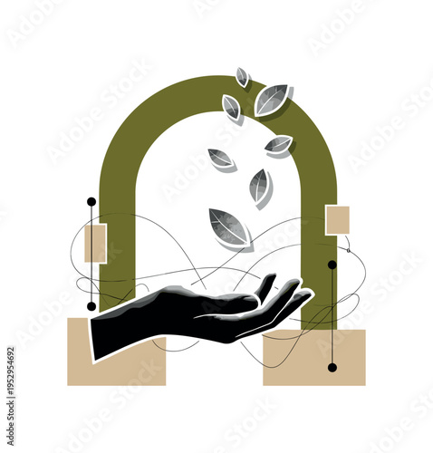 Black and white open hand releasing small paper-texture leaves upward, bold olive green arch framing the top, beige abstract blocks grounding the bottom, thin