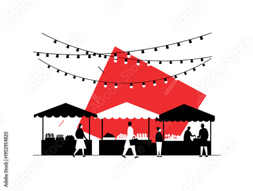 Black and white hanging string lights above market scene, large red geometric block offset behind for festive emphasis, subtle diagonal lines implying evening