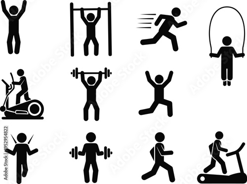 Fitness activity icons, exercise, running, pull‑ups, jump rope, elliptical, barbell, dumbbell curls, treadmill, stretching, workout training, vector illustration design