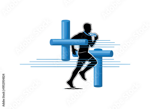 Black and white athlete holding medal while jogging slowly, intersected by blue cylindrical shapes and thin horizontal lines suggesting rhythm and breath,