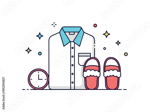 Pajama day at home weekend comfort theme shown as a simple pajama shirt icon paired with fluffy slippers and a small clock symbol, expressing unhurried morning