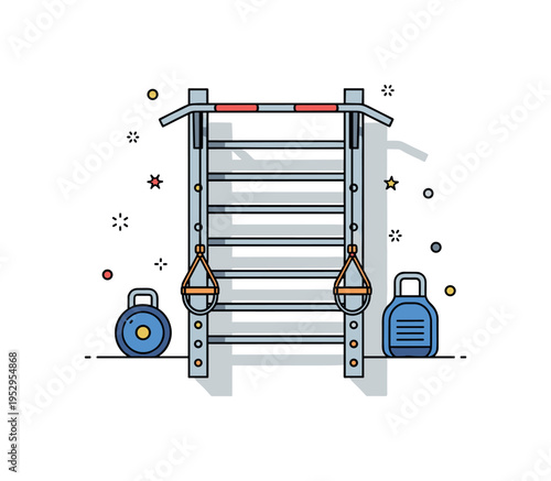 Minimal fitness equipment clean wall mounted pull up bar centered in an uncluttered space with subtle shadow depth, conveying simplicity and