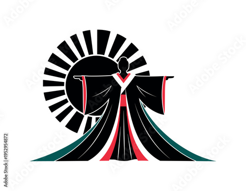 A monochrome kimono-inspired period costume, flowing fabric stylized into flat semicircles and elongated rectangles, oversized circular sun motif behind the