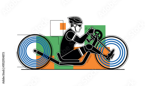 Black and white amputee cyclist on handcycle, cobalt blue concentric circles radiating from wheels to imply motion, geometric blocks in green and orange
