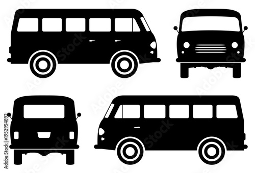 Vintage bus silhouette side, front, and rear perspectives use a flat vector technique. Perfect for retro design projects. Nostalgic transportation concept