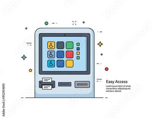 Public service touchscreen station featuring a modern kiosk with large accessible buttons and a small printer slot detail. A short ?Easy Access? text detail