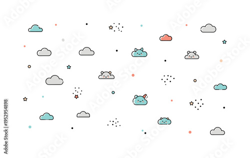Kids fabric pattern design illustrated with small rounded clouds and tiny stars evenly scattered across the surface, expressing softness and playful