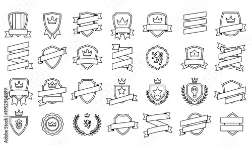 Retro heraldic label outline vector set with vintage badges shields and ribbon emblem elements