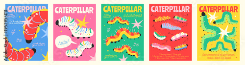Set of five colorful caterpillar posters in flat cartoon style. Cute insects, bright compositions and playful typography for kids room decor, nursery prints and educational design.