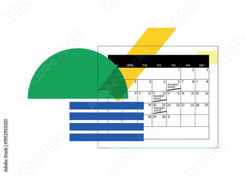 Black and white calendar page with marked payment dates, large emerald green semicircle anchoring composition, cobalt blue rectangular bars aligned like