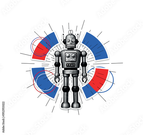 A black and white retro humanoid robot with metallic texture, surrounded by bold geometric semicircles and circular halos suggesting futuristic signals, thin
