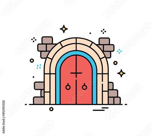 Romanesque architecture period concept centered on a solid rounded arch doorway with thick wall outline and a tiny cross motif, conveying strength, simplicity,