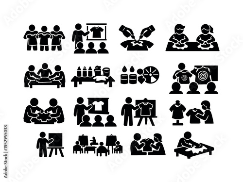 Tie-Dye Workshop Activities. Solid icon set of Tie-Dye Workshop Activities: group dyeing shirts, instructor teaching dyeing, hands applying dye, kids tie-dye