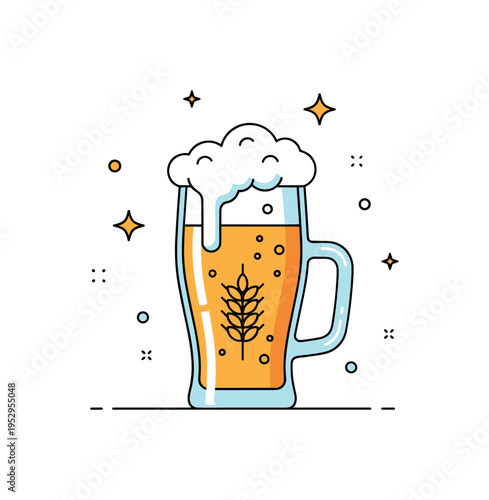 Beer glass illustration centered on a classic pint with a foamy top and small barley accent, expressing brewing tradition and social gathering atmosphere. The