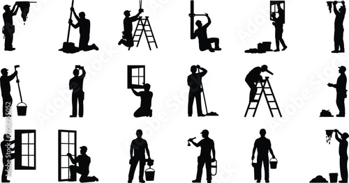 Home repair worker silhouettes, handyman tools set, renovation service concept, painting cleaning fixing, construction maintenance, house improvement, professional laborhome repair worker silhouettes