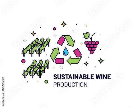 Sustainable wine production recycling symbol subtly integrated with grapevine rows and a small water droplet accent. A clean concept badge about eco conscious
