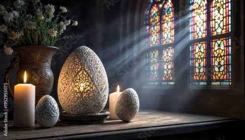 Sunlight filters through stained glass windows illuminating decorative eggs on a table. Candles and a vase with flowers add warmth to the room. A sense of beauty fills the space.