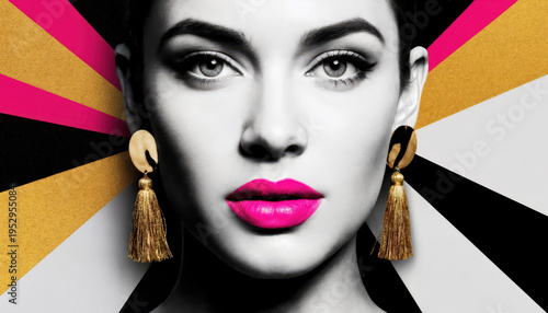 A model stands in a striking pose with bright pink lipstick and large earrings. The background features bold and contrasting colors, creating a lively and modern look.