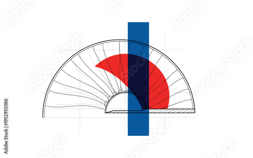 Black and white technical outline of turbine blade profile with aerodynamic curve emphasized, bold red semicircle tucked behind the curve, deep blue vertical