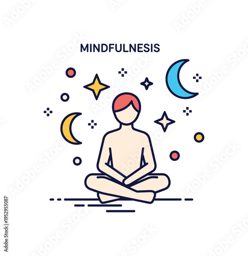 Mindfulness and hypnosis integration theme illustrated by a seated figure with floating star and crescent shapes around, expressing altered awareness and