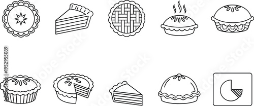 Pie and cake dessert line icons set with slices pastry bakery sweet food collection including tart cupcake and chart symbols