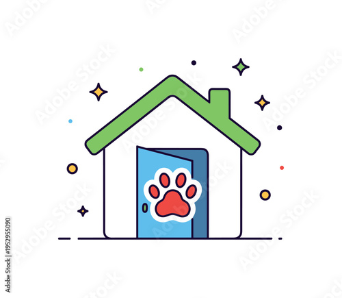 Pet safe interior design house silhouette with paw print icon integrated into the doorway, symbolizing accessibility and safety for animals. A clean editorial