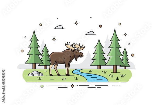 Moose standing in a calm forest clearing with tall pine trees and a small stream nearby, illustrating wildlife and peaceful woodland habitat. Minimalist flat