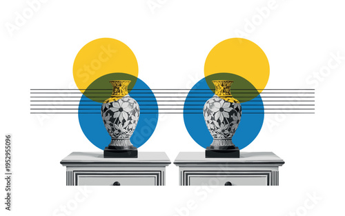 Black and white detailed shot of decorative lamp bases resting on twin nightstands, combined with overlapping yellow and blue circles positioned symmetrically,