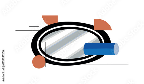 Black and white puddle shaped like an abstract oval mirror, cobalt blue cylinder overlapping one edge, terracotta geometric accents placed asymmetrically,